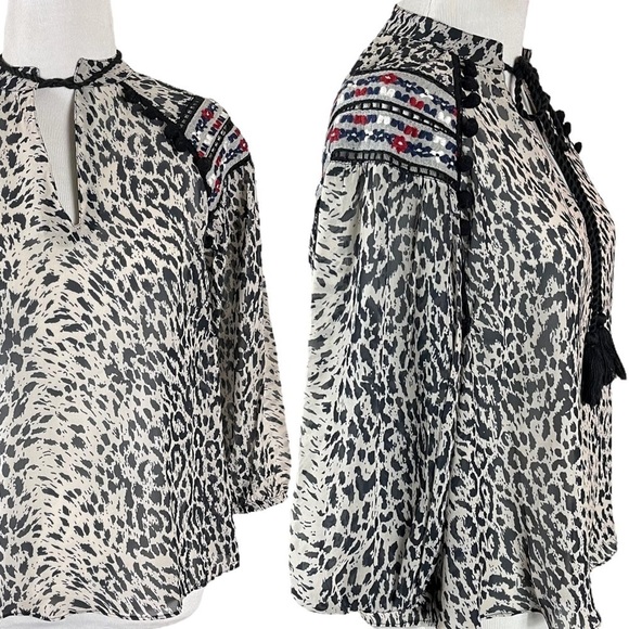 Anthropologie Bohemian Indian Rina Dhaka Peasant Blouse Leopard Embroidered XS - Picture 7 of 17